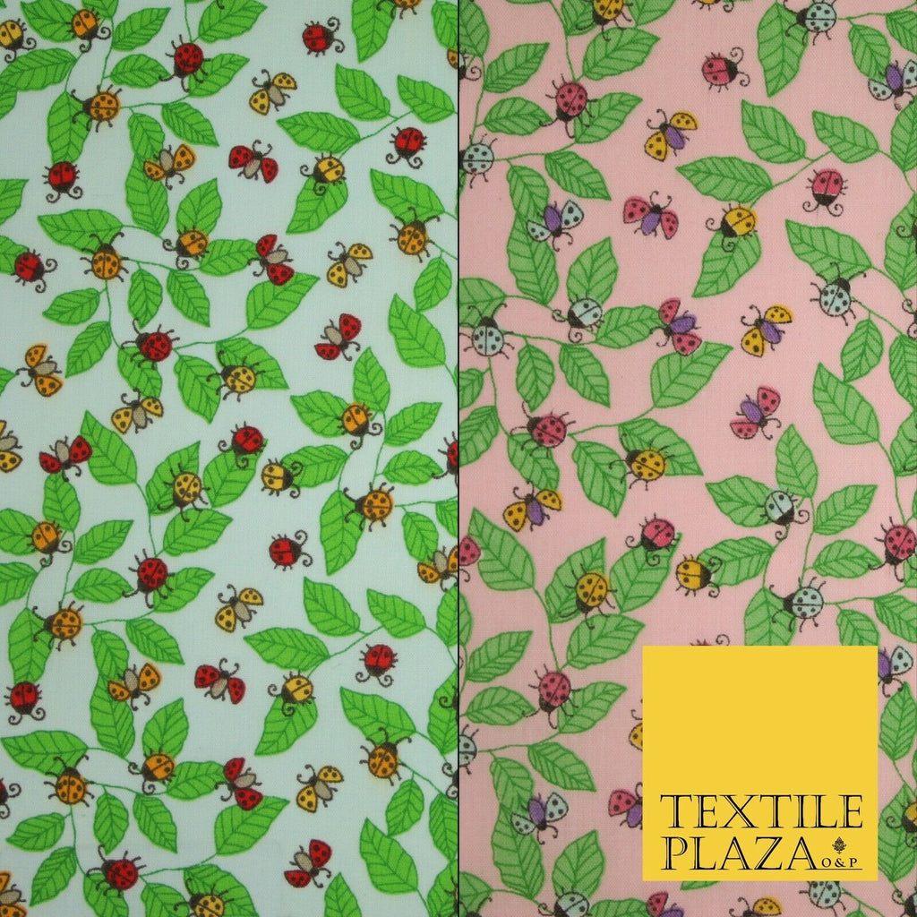 Flying Ladybird Leaf Jungle Garden Printed Poly Cotton Fabric Polycotton Mask45"