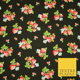 Black Red Strawberry Bunch Printed Poly Cotton Mask Fabric Polycotton 45" 3795