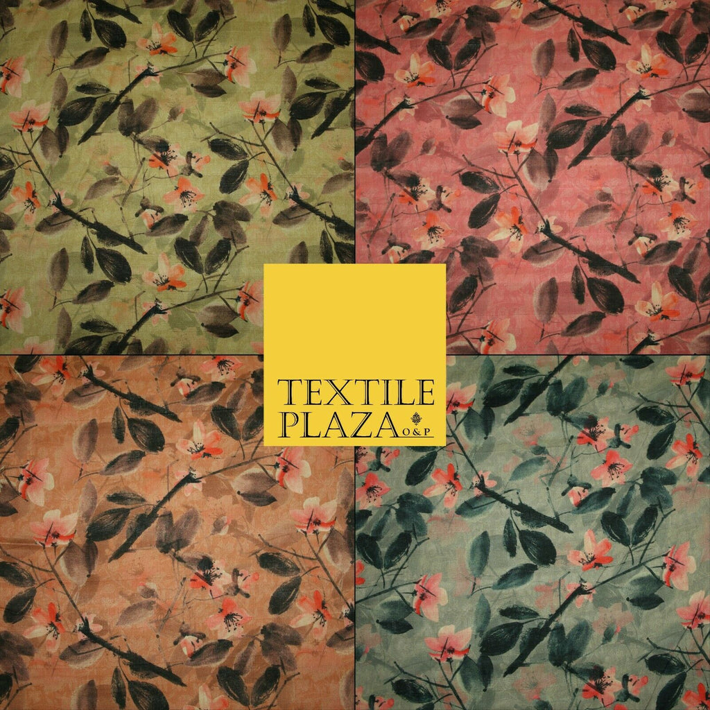 Watercolour Floral Leaves Digital Printed Faux Dupion Raw Silk Fabric Textured