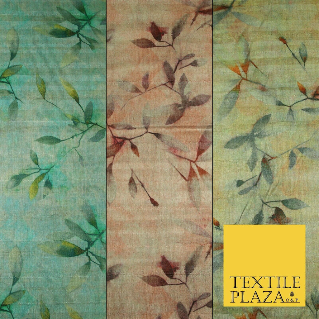 Cloudy Artsy Leaves Digital Printed Faux Dupion Raw Silk Fabric Textured Line