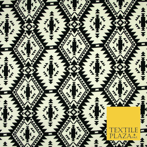 High Quality Black & White Flocked Aztec Spike Tribal Stretch Jersey Fabric 3953