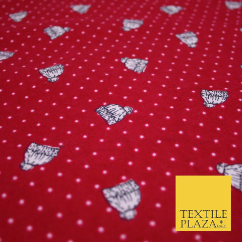 Red Pin Dot Falling Bobble Hats Winceyette Soft Brushed Cotton Print Fabric 3970