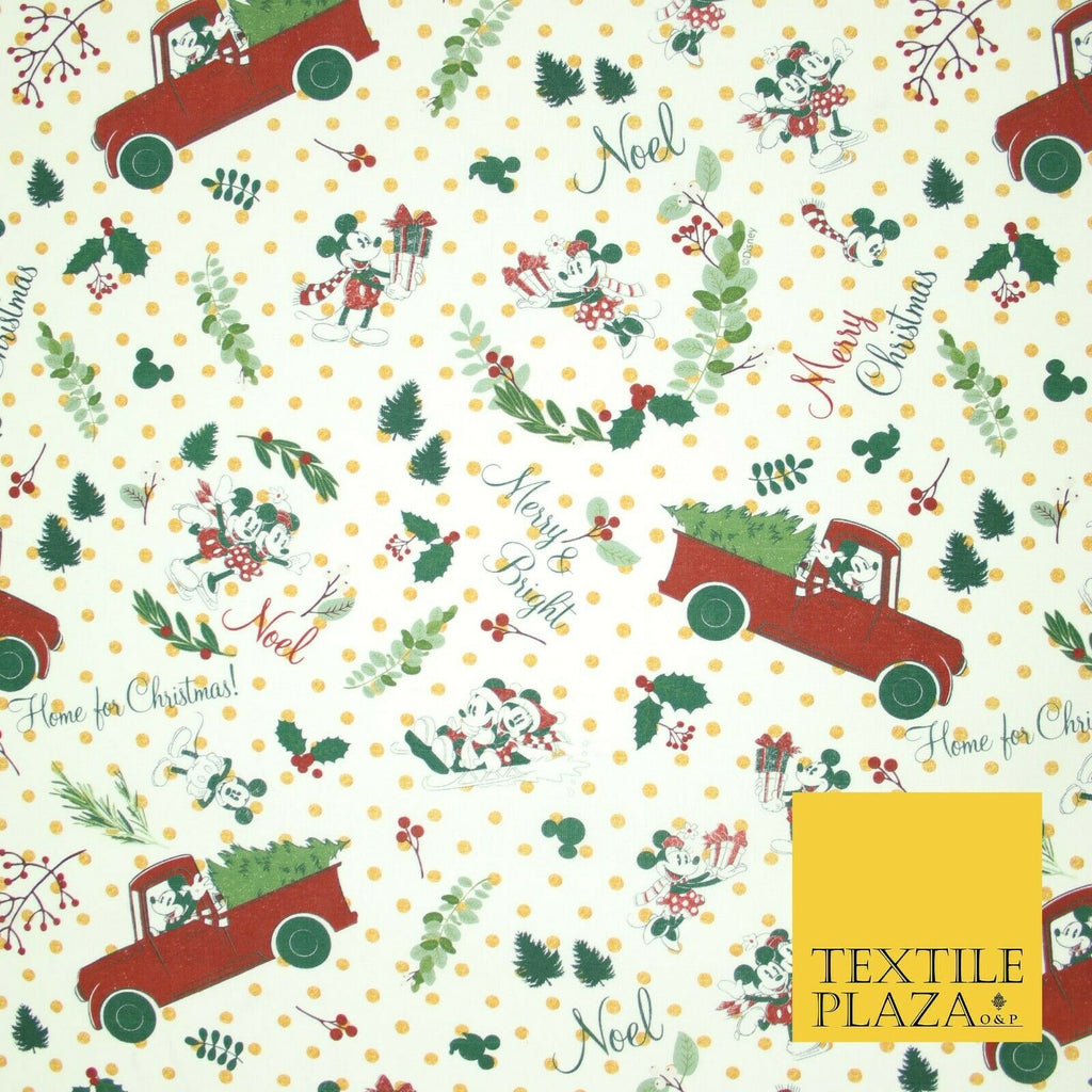 Mickey Minnie Disney Licensed Christmas Holly Printed Fabric 100% Cotton 150cm