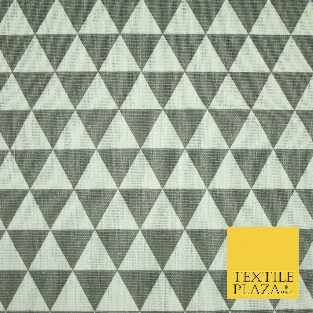 Grey White Geometric Triangle Design Printed 100% Cotton Linen Fabric 60" Wide