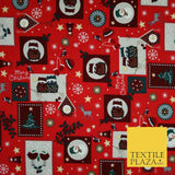 Festive Christmas Patchwork Owls Snowman Stars Printed 100% Cotton Fabric 54"