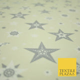 Festive Christmas Grey Multi Stars Snowflakes Printed 100% Cotton Fabric 56"