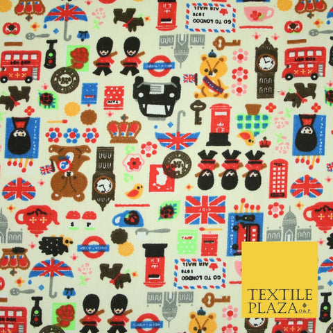 Cream LONDON Taxi Union Jack Stamp Novelty Printed Cotton Canvas Fabric 59" 4132