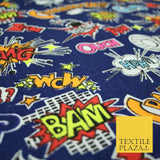 Blue Comic Book Sound Effect OUCH BOOM POW Printed Cotton Canvas Fabric 59" 4131