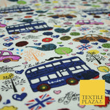 White LONDON Theme Bus Taxi Union Jack Printed Cotton Canvas Fabric 58" 4135