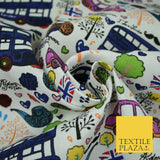 White LONDON Theme Bus Taxi Union Jack Printed Cotton Canvas Fabric 58" 4135
