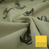 Natural Beige Black Classic Rope Anchor Printed Cotton Mix Canvas Fabric 56"4123