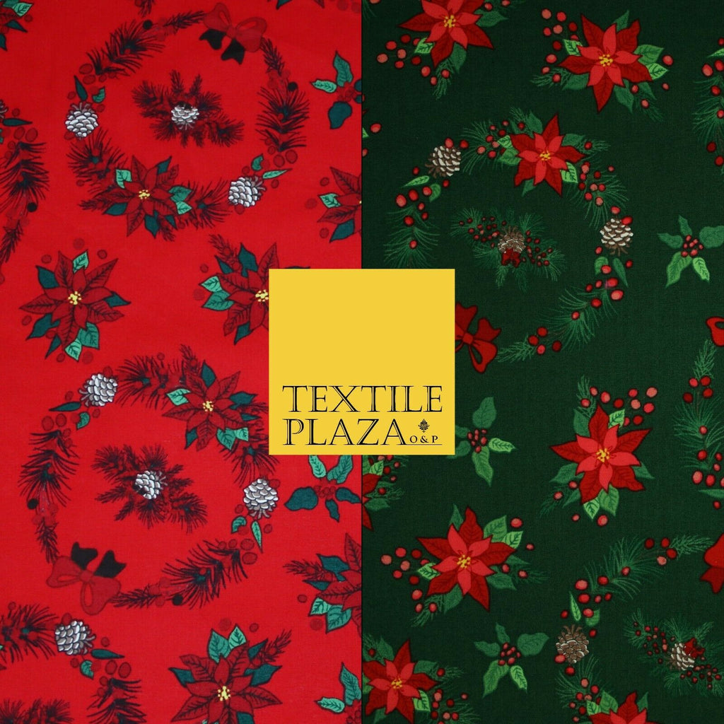 Christmas Wreaths Floral Red Poinsettia Festive Printed 100% Cotton Fabric 54"