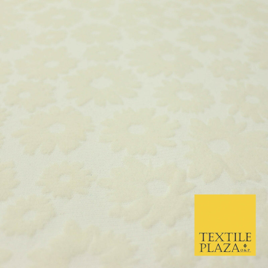 Ivory Cream Floral Flower Velour Flocked Power Mesh Net Stretch Fabric 58" 4321