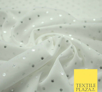 Off White Metallic Silver Spot Dot Mesh Jersey 2 Way Stretch Dress Fabric 4327