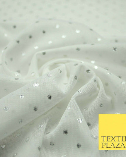 Off White Metallic Silver Spot Dot Mesh Jersey 2 Way Stretch Dress Fabric 4327