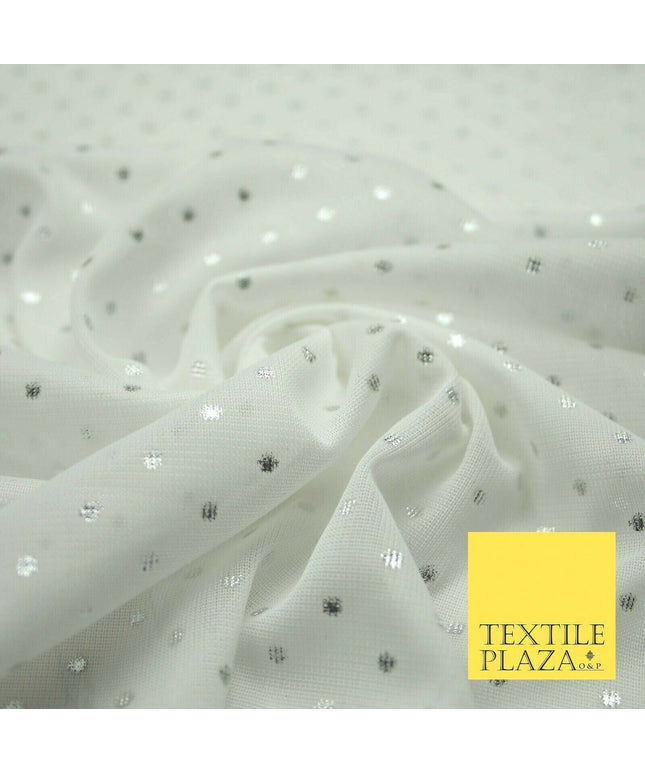 Off White Metallic Silver Spot Dot Mesh Jersey 2 Way Stretch Dress Fabric 4327