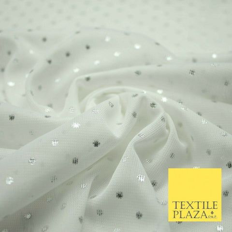 Off White Metallic Silver Spot Dot Mesh Jersey 2 Way Stretch Dress Fabric 4327
