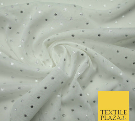 Off White Metallic Silver Spot Dot Mesh Jersey 2 Way Stretch Dress Fabric 4327