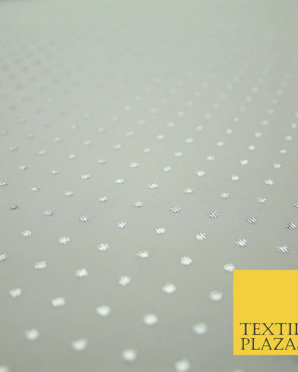 Off White Metallic Silver Spot Dot Mesh Jersey 2 Way Stretch Dress Fabric 4327