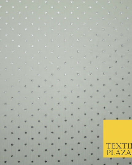 Off White Metallic Silver Spot Dot Mesh Jersey 2 Way Stretch Dress Fabric 4327