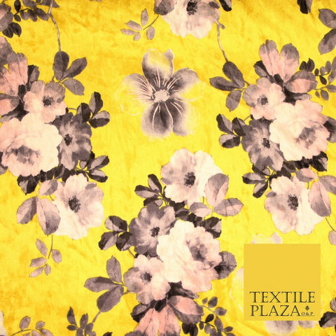 Yellow Vintage Floral Bunch Printed Soft Velvet Dress Fabric Craft Material 4705