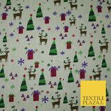 Christmas Tree Gifts Reindeer Festive Printed 100% Cotton Canvas Fabric 55" 4481