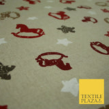 Beige Rocking Horse Stars Nursery Festive Printed Cotton Canvas Fabric 55" 4479
