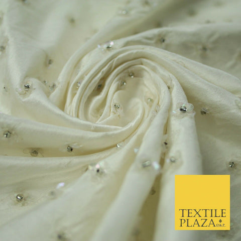 Luxury IVORY Hand Embroidered Pearl Beaded Flowers 100% PURE SILK Fabric 48"4538