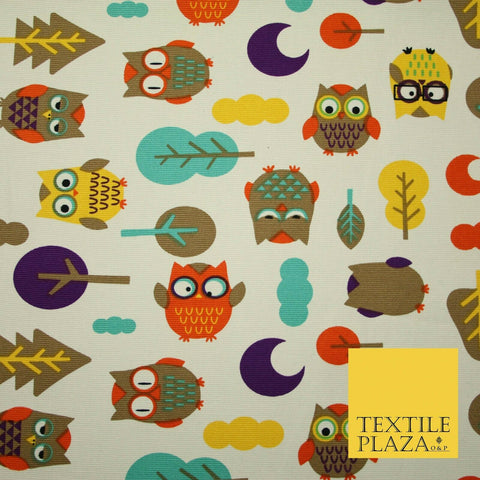 Colourful Wacky Funky Multicolour Owls 100% COTTON CANVAS Print Fabric Craft 58"