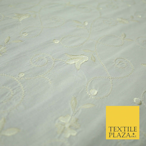 Luxury Ivory Cream Embroidered Floral Leaf Stem 100% PURE SILK Fabric 48" 4561