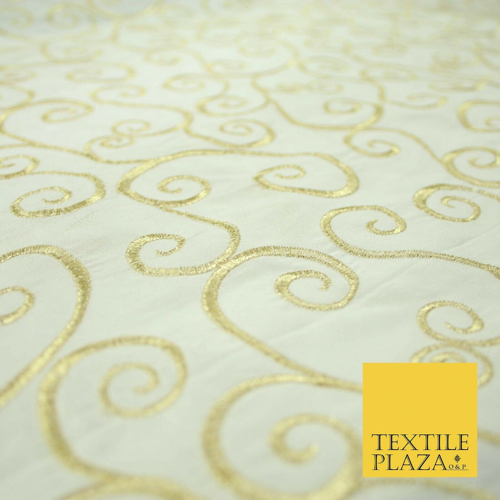 Luxury GOLD Fancy Swirl Curls Embroidered 100% PURE SILK Fabric 45" Wide 4517