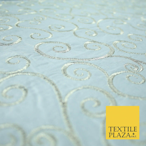 Luxury ICE BLUE Fancy Swirl Curls Embroidered 100% PURE SILK Fabric 48" 4520