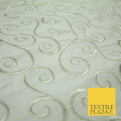 Luxury SILVER Fancy Swirl Curls Embroidered 100% PURE SILK Fabric 45" Wide 4518