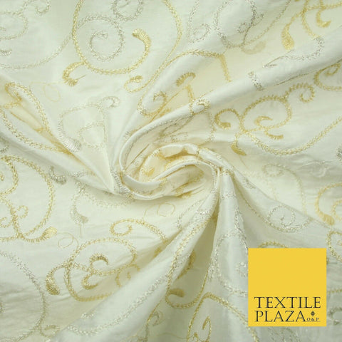 Luxury IVORY GOLD MIX Intricate Vine Embroidered 100% PURE SILK Fabric 44" 4522