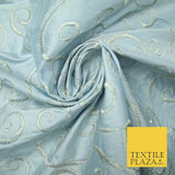 Luxury ICE BLUE Fancy Swirl Curls Embroidered 100% PURE SILK Fabric 48" 4520