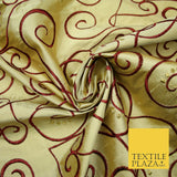 Luxury GOLD MAROON Ornate Swirl Hearts Embroidered 100% PURE SILK Fabric 4535