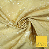 Luxury GOLD IVORY Floral Tulip Loop Embroidered 100% PURE SILK Fabric 54" 4524