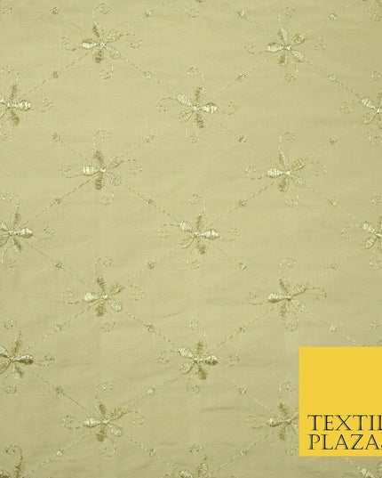 Luxury GOLD Floral Harlequin Flower Embroidered 100% PURE SILK Fabric 44" 4515