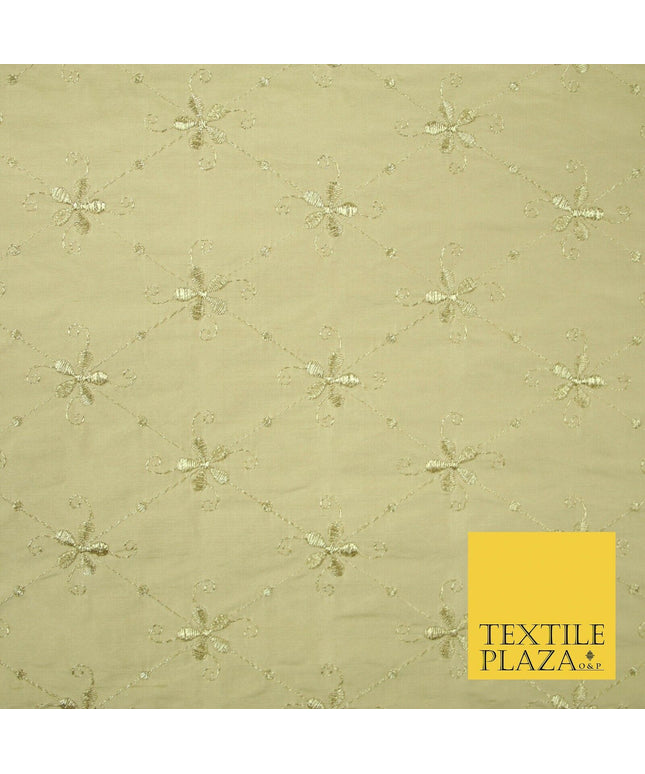 Luxury GOLD Floral Harlequin Flower Embroidered 100% PURE SILK Fabric 44" 4515