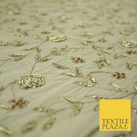 Luxury OYSTER GOLD Zari Metallic HAND Embroidered 100% PURE SILK Fabric 48" 4504