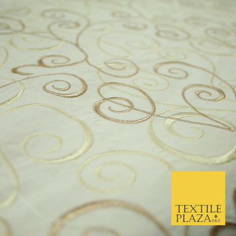 Luxury IVORY CREAM Ornamental Swirls Embroidered 100% PURE SILK Fabric 44" 4505