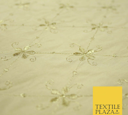 Luxury GOLD Floral Harlequin Flower Embroidered 100% PURE SILK Fabric 44" 4515