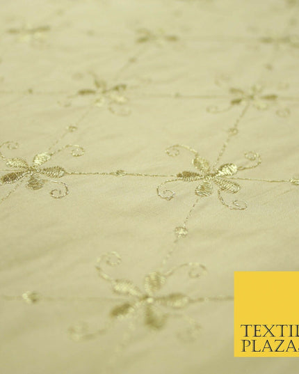 Luxury GOLD Floral Harlequin Flower Embroidered 100% PURE SILK Fabric 44" 4515