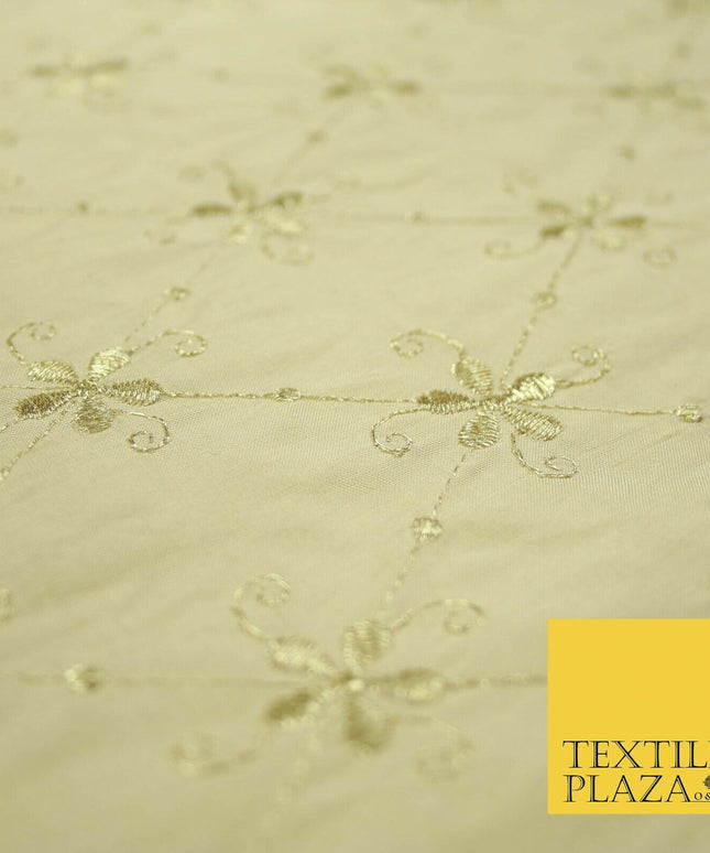 Luxury GOLD Floral Harlequin Flower Embroidered 100% PURE SILK Fabric 44" 4515