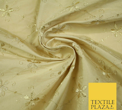 Luxury GOLD Floral Harlequin Flower Embroidered 100% PURE SILK Fabric 44" 4515