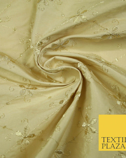 Luxury GOLD Floral Harlequin Flower Embroidered 100% PURE SILK Fabric 44" 4515