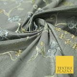 Luxury GREY Floral Ribbon Embroidered 100% PURE SILK Fabric Furnishing 44" 4512