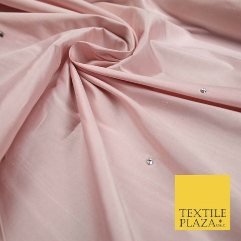 Luxury Light Pink with Silver SWAROVSKI Stones 100% PURE SILK Dupion Fabric 4598
