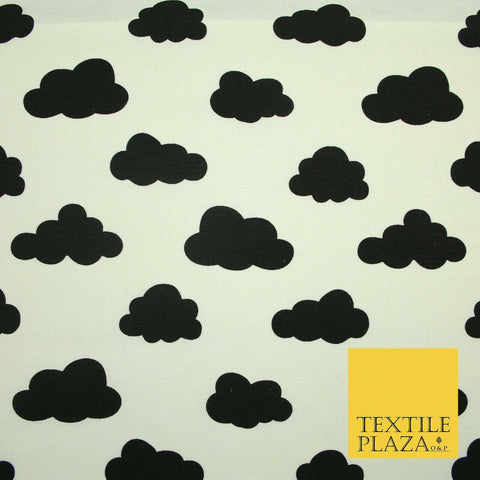 White with Black Dreamy Floating Clouds Printed Cotton Canvas Fabric 56" 4763