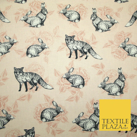 Light Pink Vintage Rabbit & Fox Rose Printed 100% Cotton Canvas Fabric 56" 4768